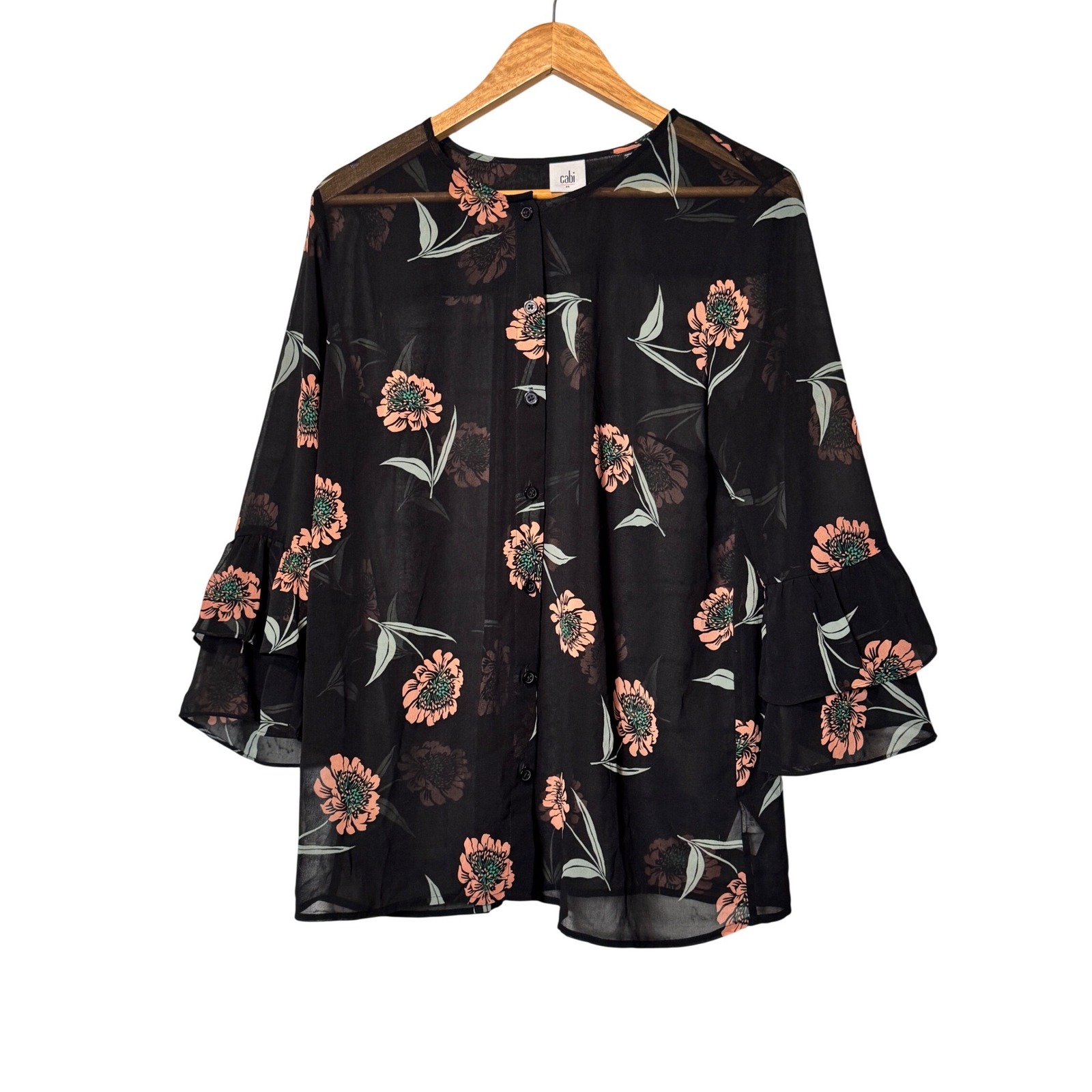 Cabi Black Floral Sheer Bell Sleeve Button Front Blouse Top Womens Medium